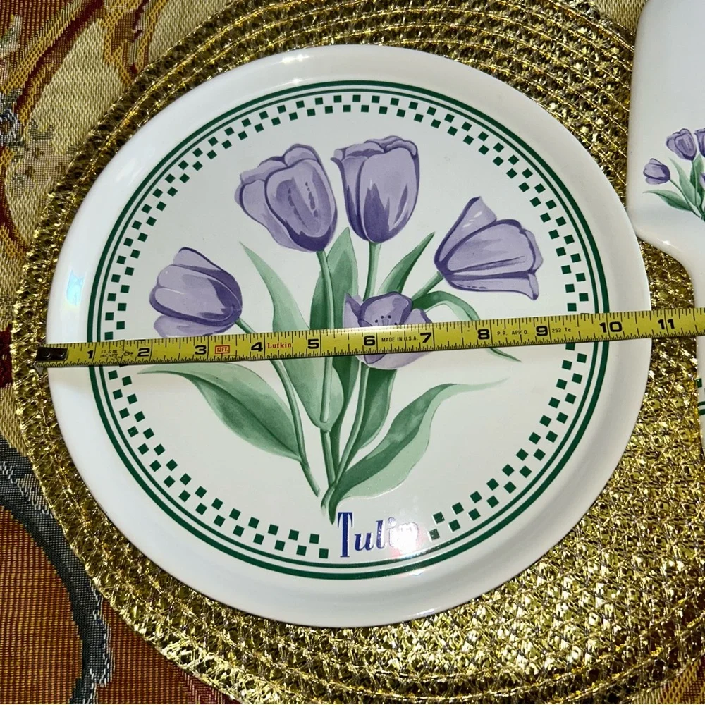 Vintage Garden Classics Purple Floral Tulips Stoneware Cake Plate Server Box SET